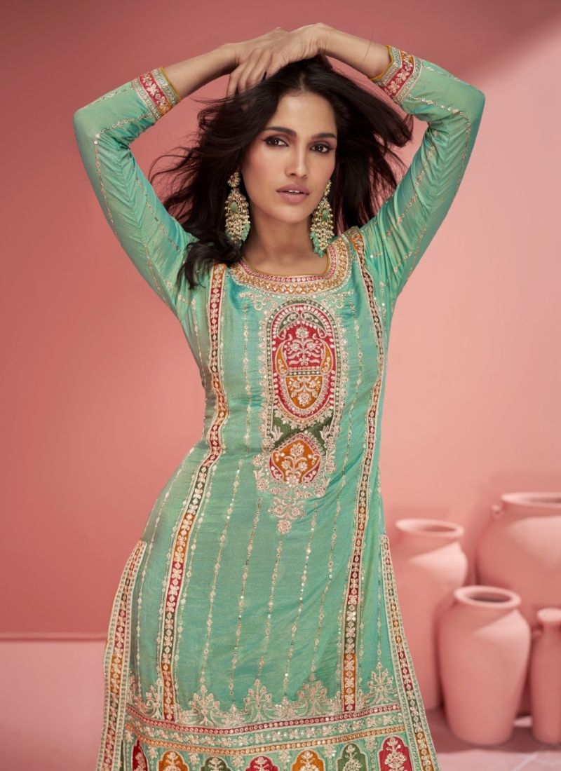 Stunning heavy embroidered wedding palazzo suit light green