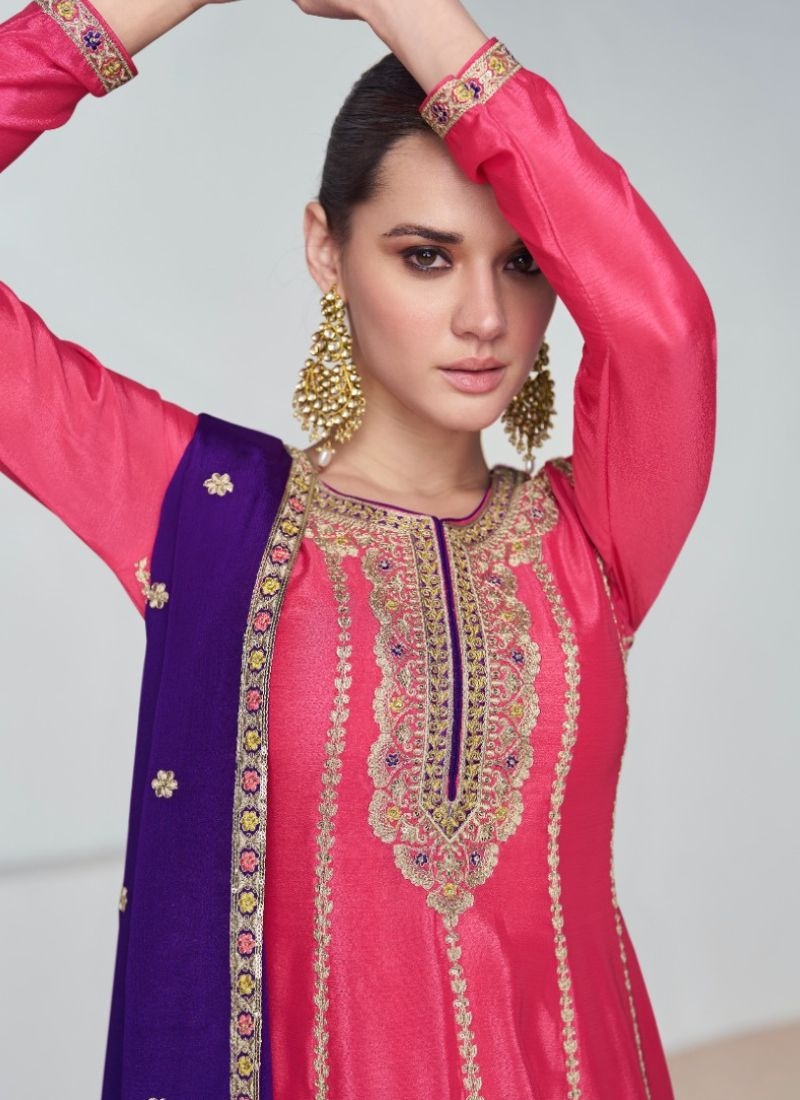 Exquisite embroidered silk straight palazzo suit in dark pink