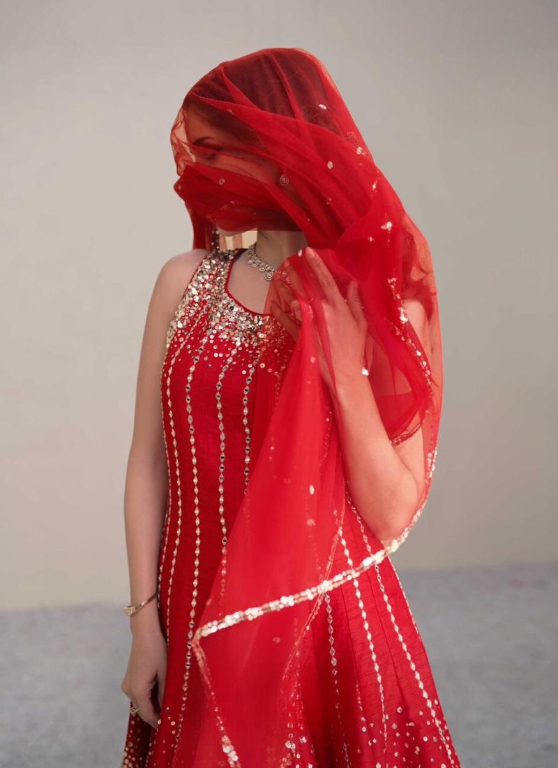 Beautiful pearl embroidered silk salwar suit in red