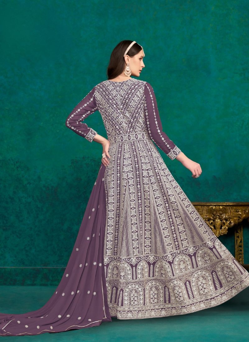 Designer embroidered faux georgette gown & dupatta in purple