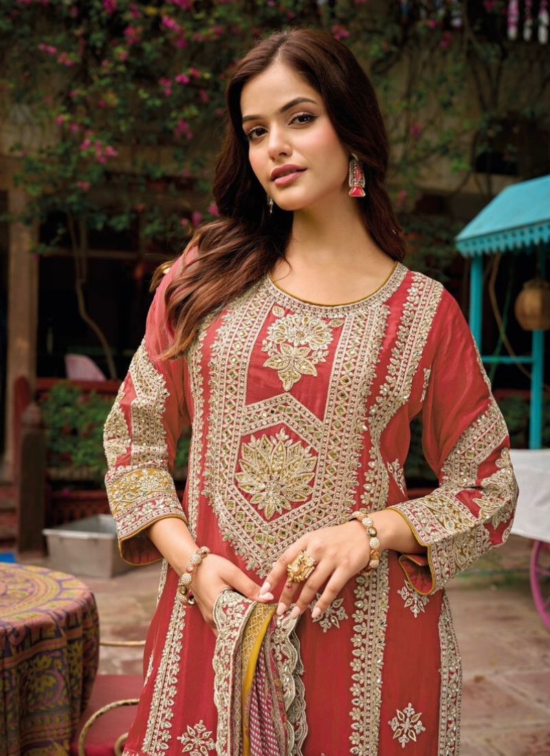 Embroidered chinon sharara suit with dupatta in red