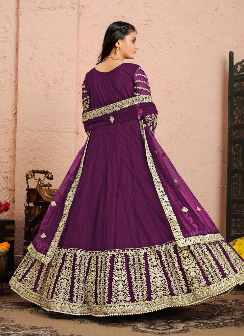 Gorgeous embroidered heavy net gown with dupatta in dark purple