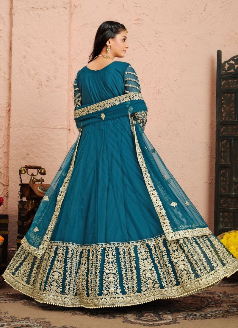 Gorgeous embroidered heavy net gown with dupatta in dark blue