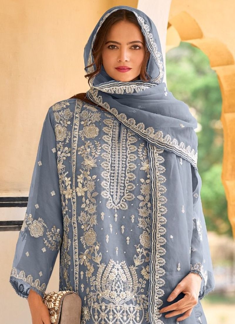 Stunning embroidered silk pantsuit & dupatta in light blue