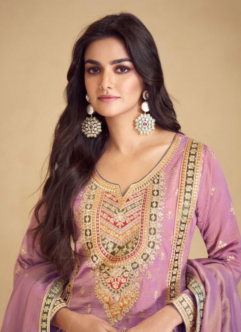 Beautifully embroidered silk palazzo suit in light purple