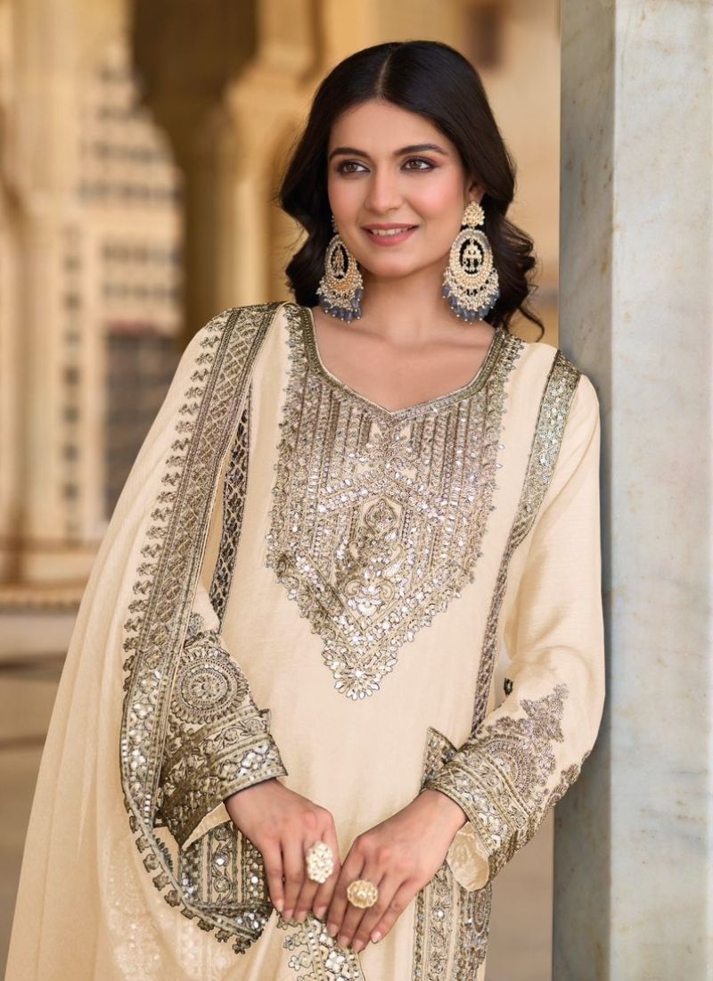 Beautiful digital embroidered Chinon palazzo suit in white