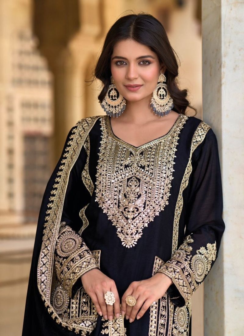 Beautiful digital embroidered Chinon palazzo suit in black