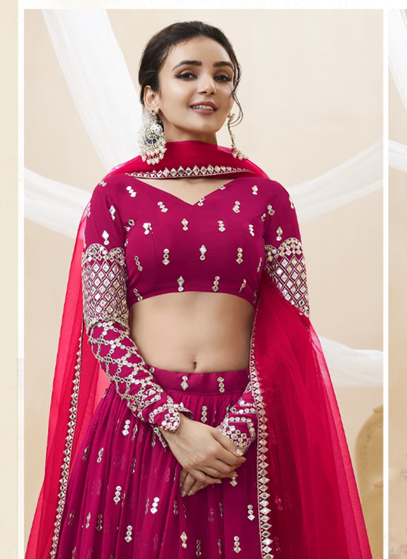 Reception Wear Georgette Fabric Embroidered Lehenga Choli in dark pink