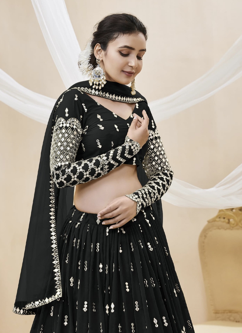 Reception Wear Georgette Fabric Embroidered Lehenga Choli in black