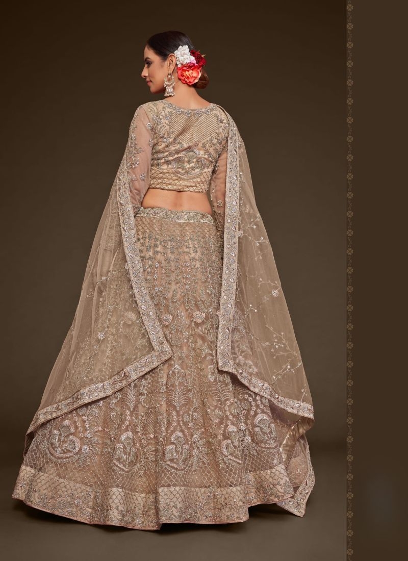 The gorgeous embroidered net lehenga choli in beige