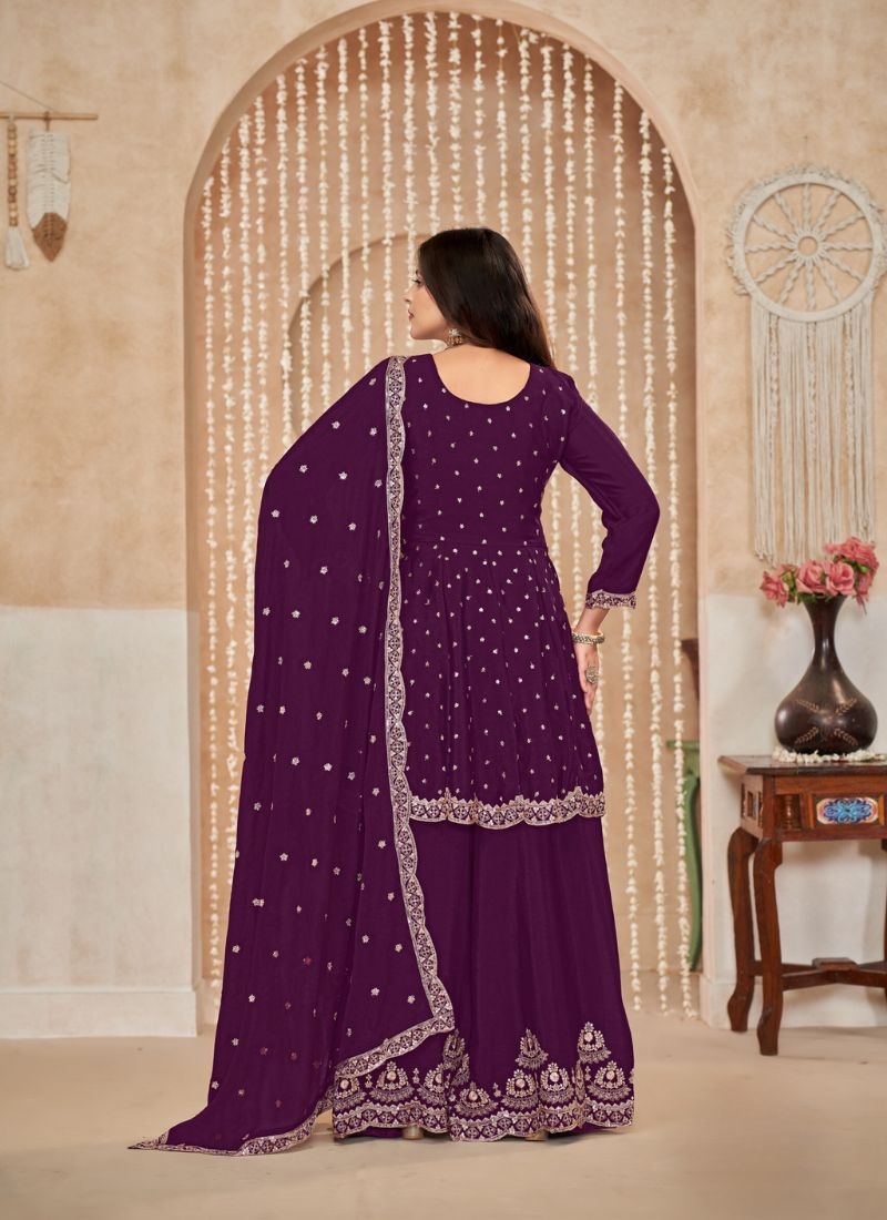 Designer mirror embroidered chinon sharara suit in dark purple