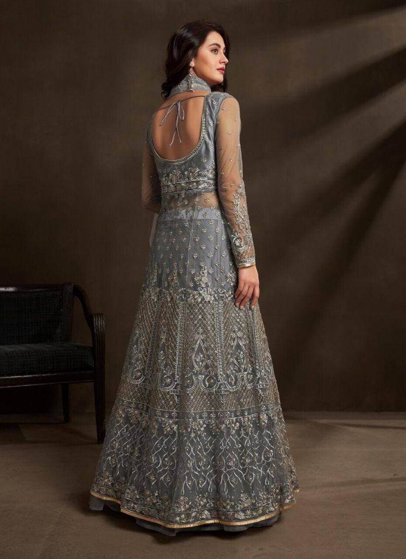 Zari embroidered designer net lehenga choli in grey