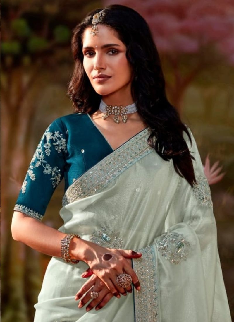 Stunning embroidered chiffon saree in light blue