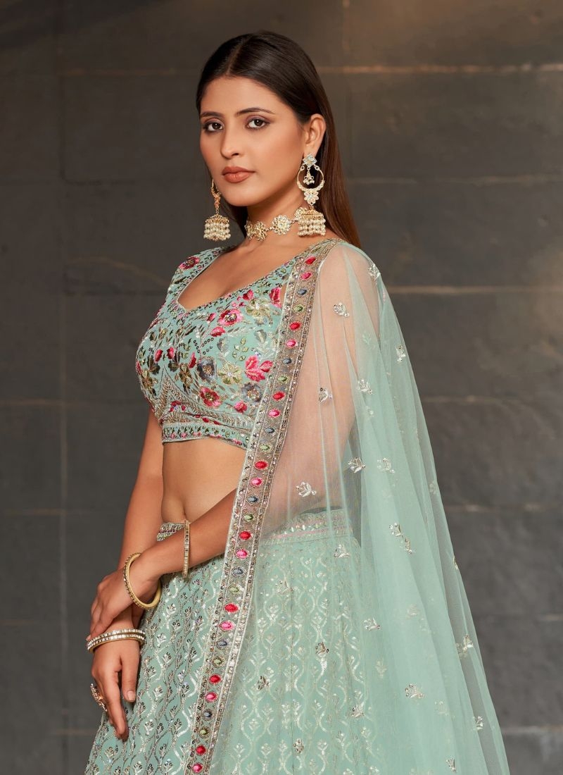 Gorgeous embroidered georgette lehenga choli in sky blue