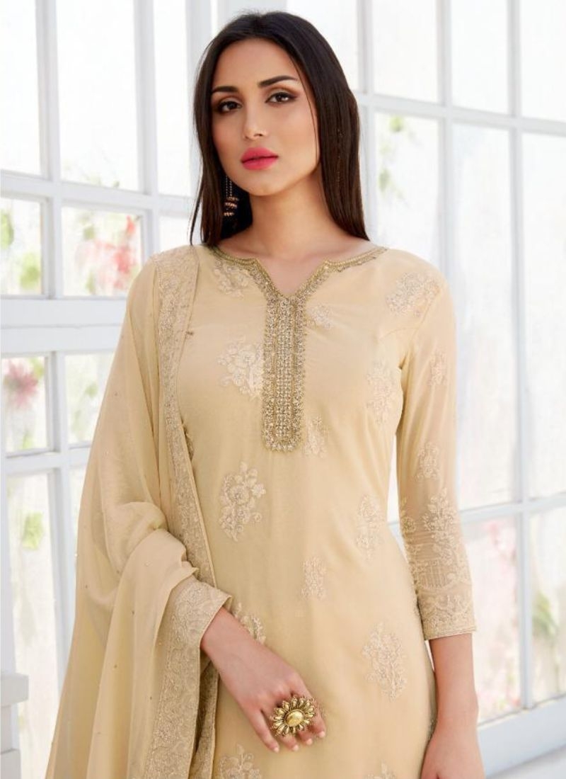 Stunning embroidered sharara suit in beige