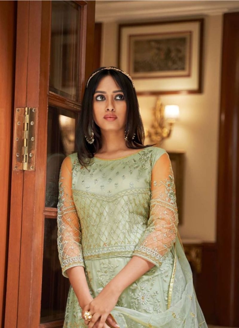 Exquisite embroidered gown in light green