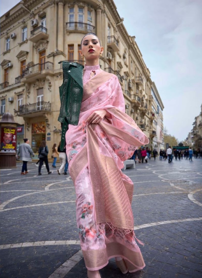 Exquisite digital printed silk saree in baby pink