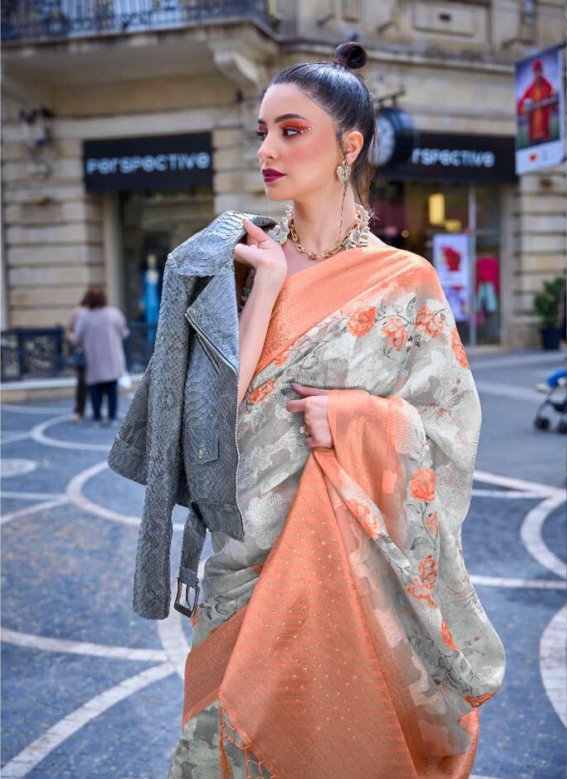 Exquisite digital printed silk saree in light orange