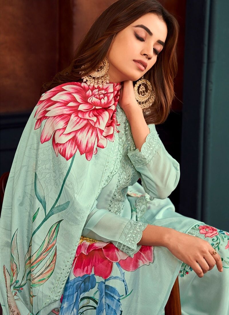 Stunning digital printed kurta pant suit in blue