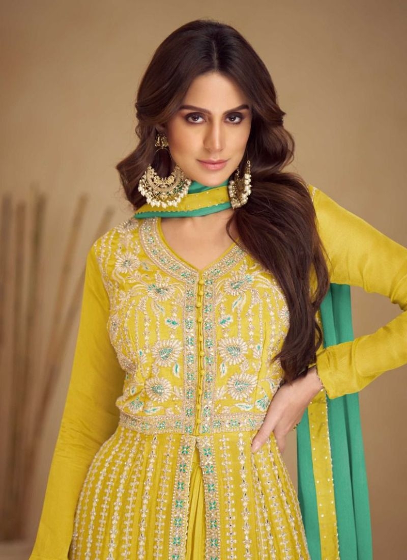 Authentic embroidered Chinon sharara suit in yellow