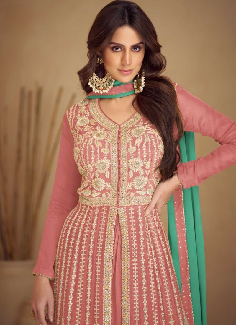 Authentic embroidered Chinon sharara suit in pink