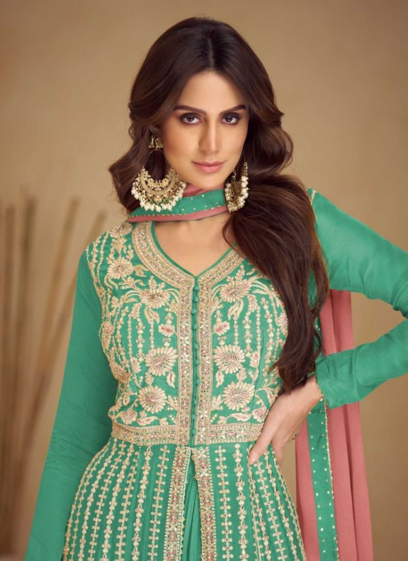 Authentic embroidered Chinon sharara suit in green