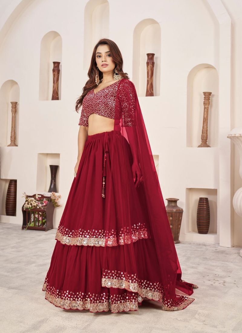 Exquisite embroidered georgette lehenga choli in red