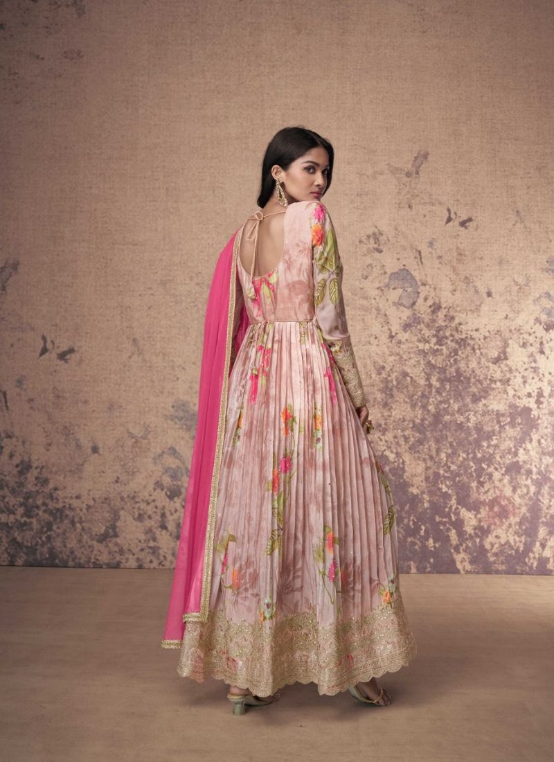 Stunning floral printed georgette Anarkali suit in baby pink