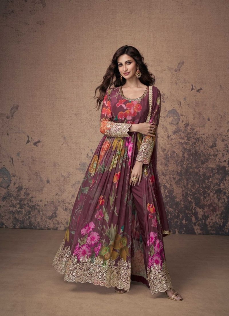 Stunning floral printed georgette Anarkali suit in purple