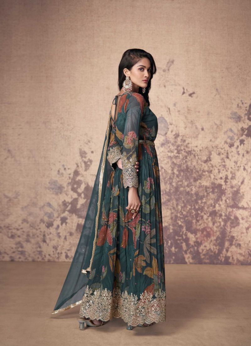 Stunning floral printed georgette Anarkali suit in green