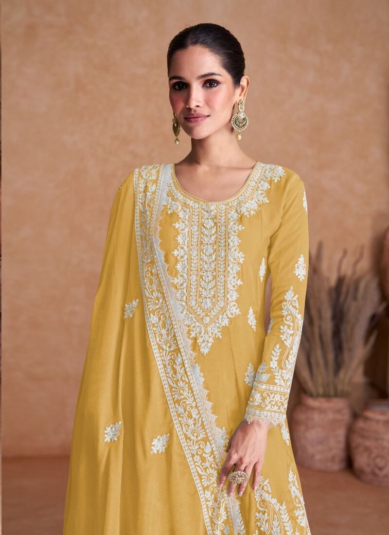 Beautiful chinon sharara suit with heavy embroidery in yellow