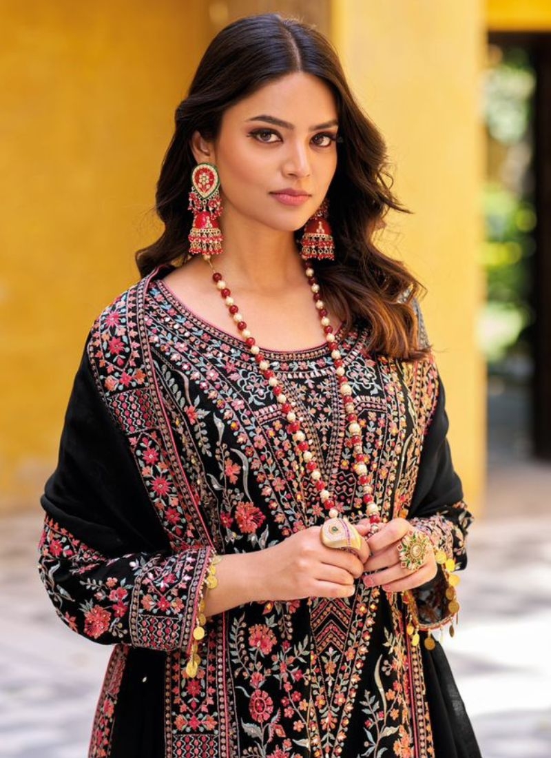 Stunning heavy embroidered Chinon palazzo suit in black