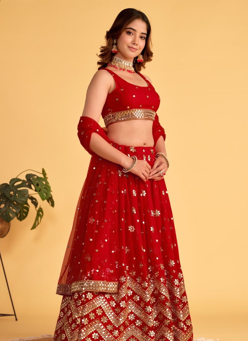 Beautiful embroidered georgette lehenga choli in red