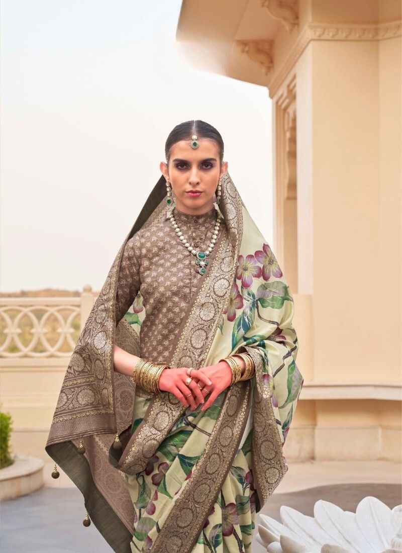 Gorgeous floral printed silk saree in dark green