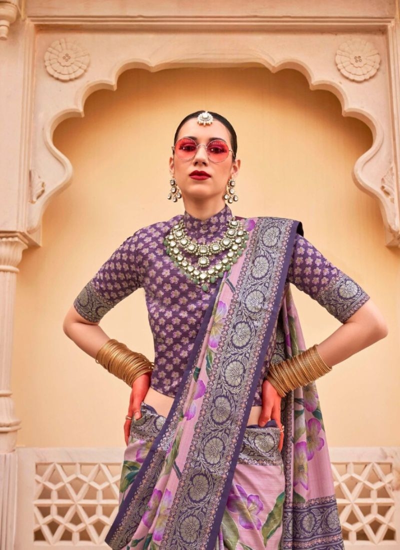 Gorgeous floral printed silk saree in purple