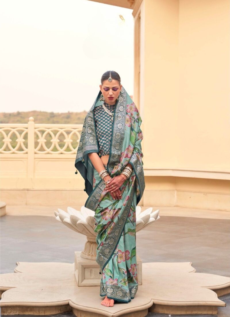 Gorgeous floral printed silk saree in green