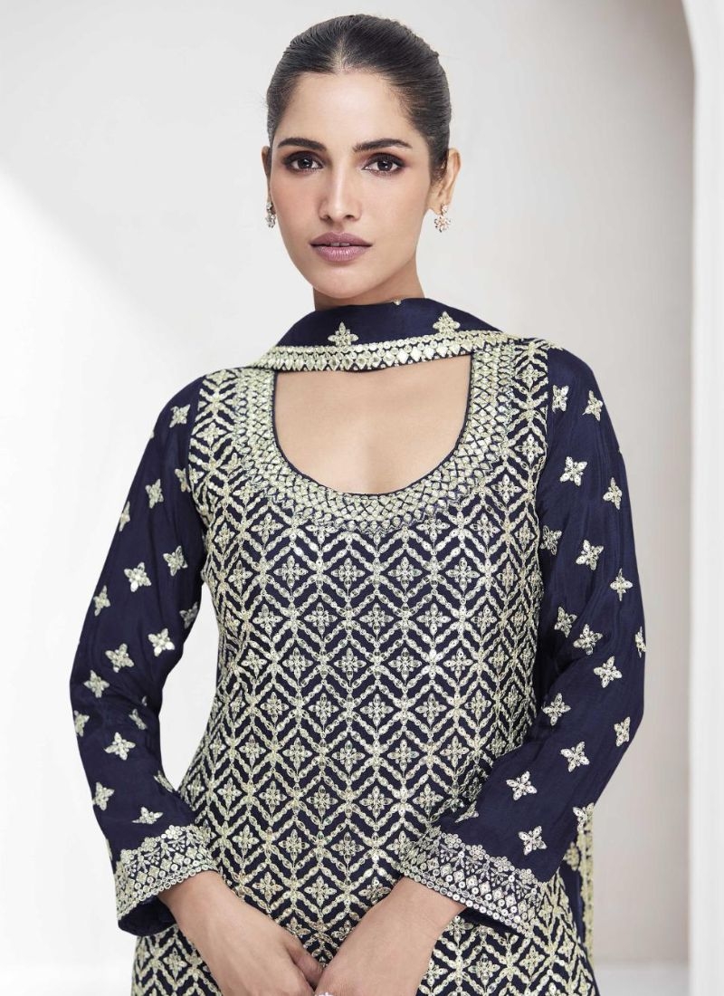 Trendy thread embroidered sharara suit in dark blue