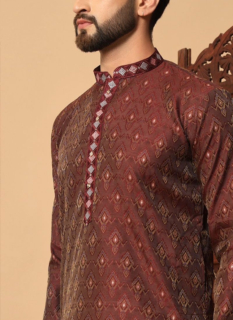 New jacquard printed cotton kurta pajama suit for men in maroon