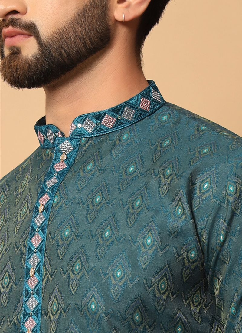 New jacquard printed cotton kurta pajama suit for men in blue