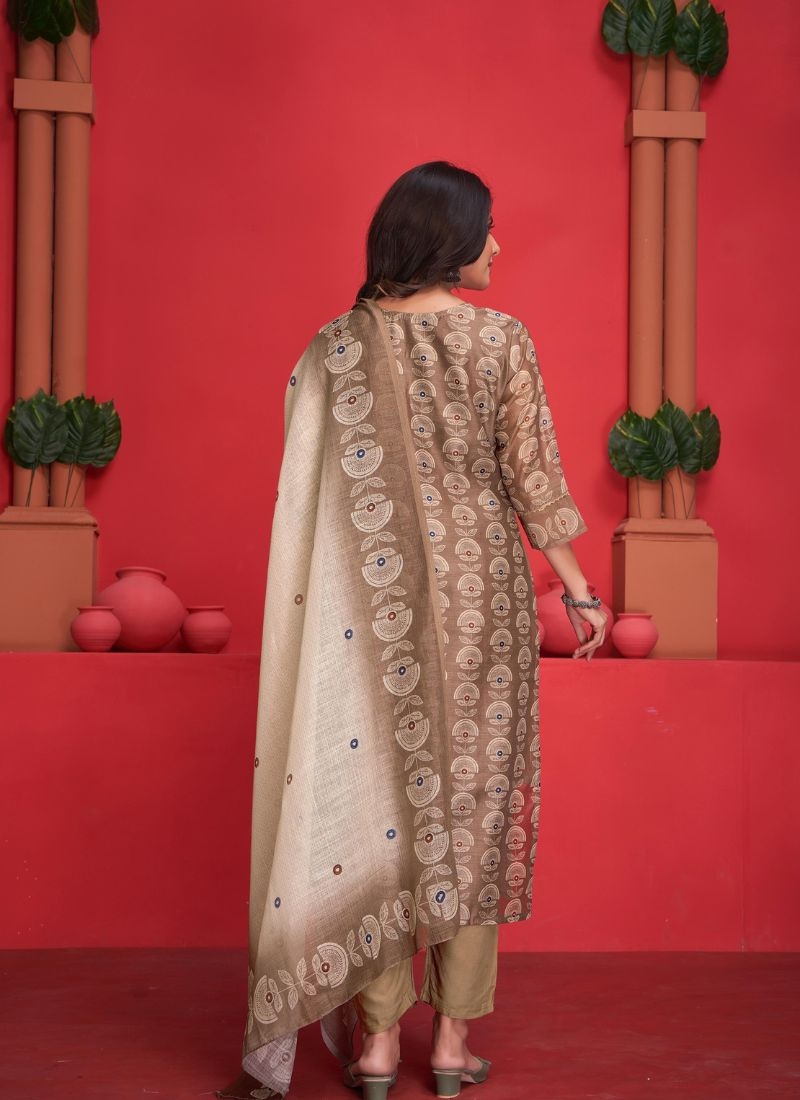 Stunning digital printed silk kurta pant suit in beige