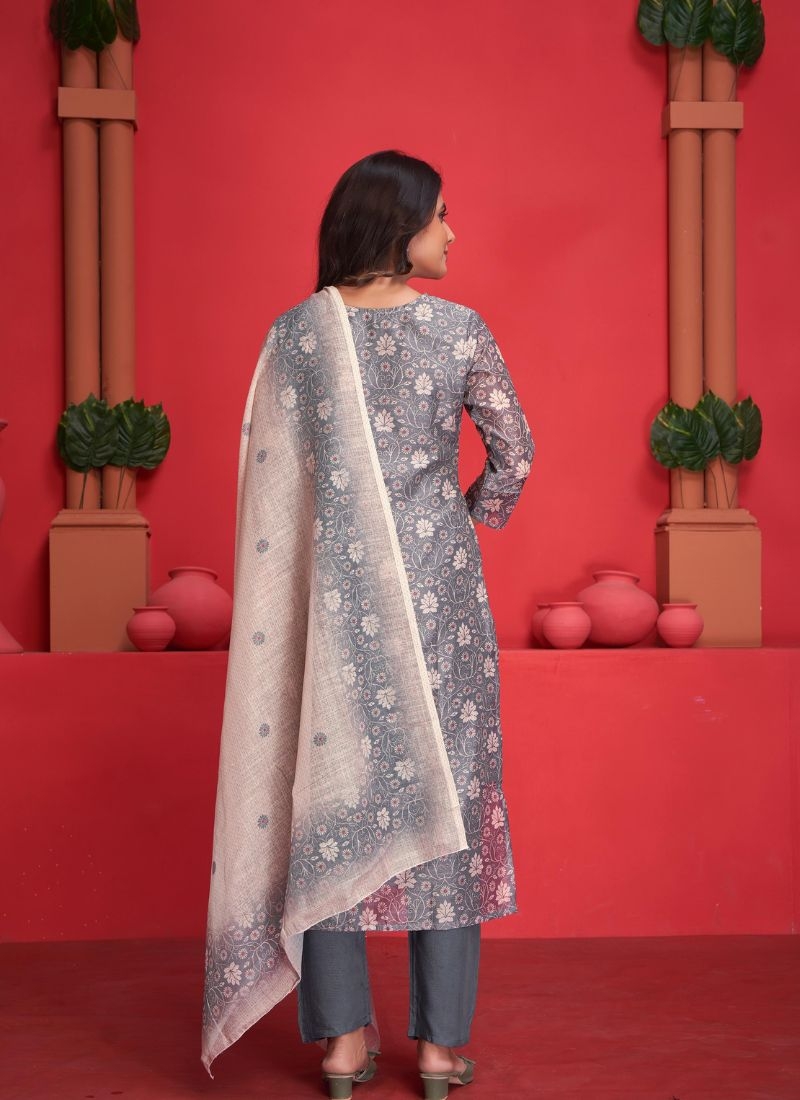 Stunning digital printed silk kurta pant suit in grey