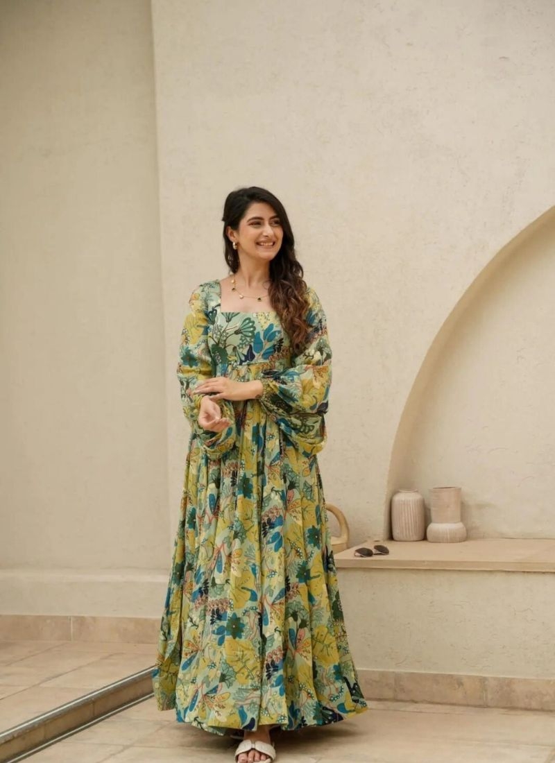 Gorgeous digital printed Chinon Anarkali suit in light green