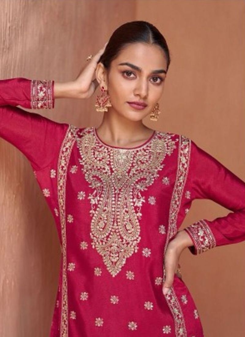 Stunning heavy embroidered Chinon palazzo suit in pink