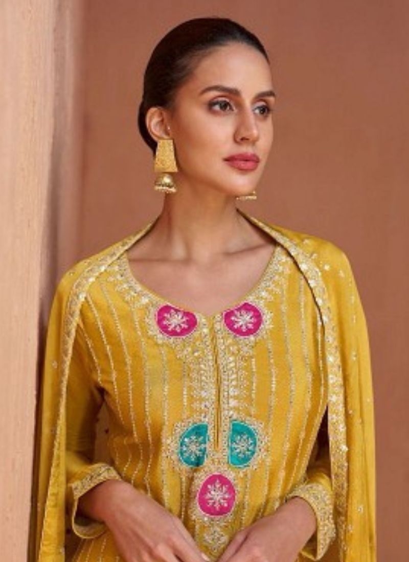 Stunning heavy embroidered Chinon palazzo suit in yellow