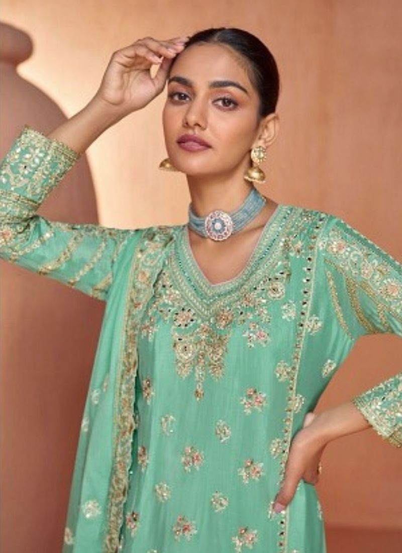 Stunning heavy embroidered Chinon palazzo suit in green