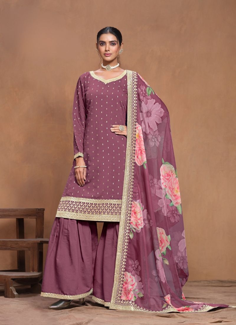 Trendy embroidered silk sharara suit in peach pink