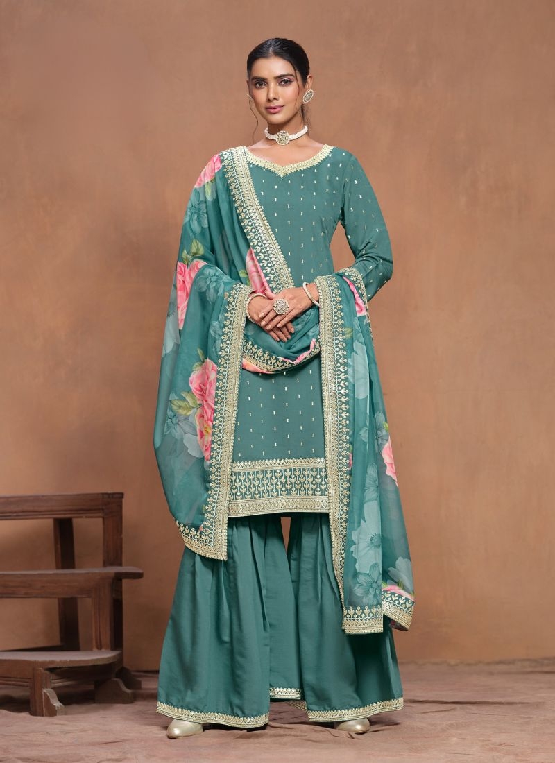 Trendy embroidered silk sharara suit in pastel green