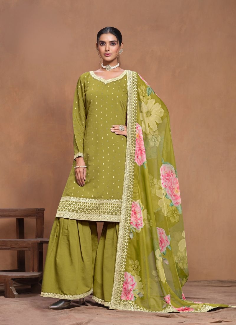 Trendy embroidered silk sharara suit in Green