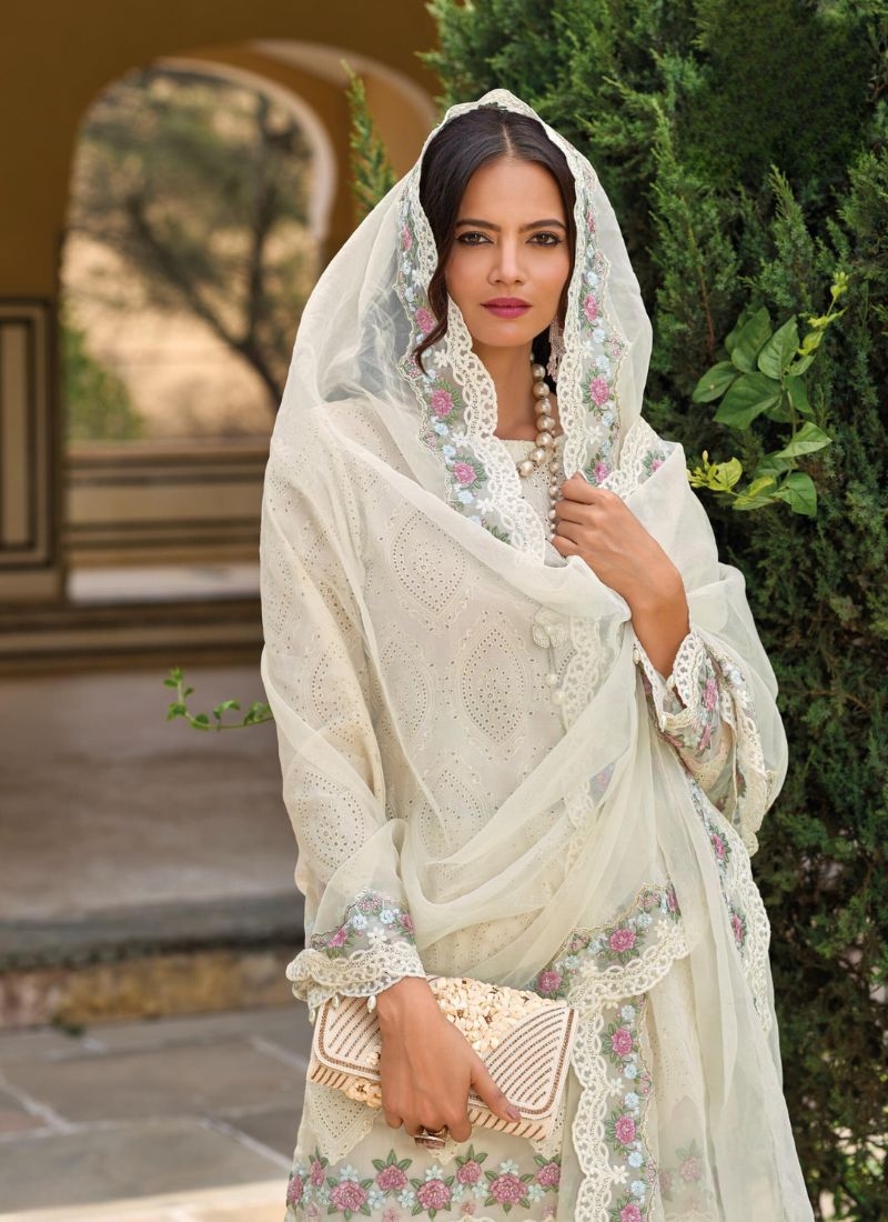 Beautiful embroidered cotton sharara suit in white