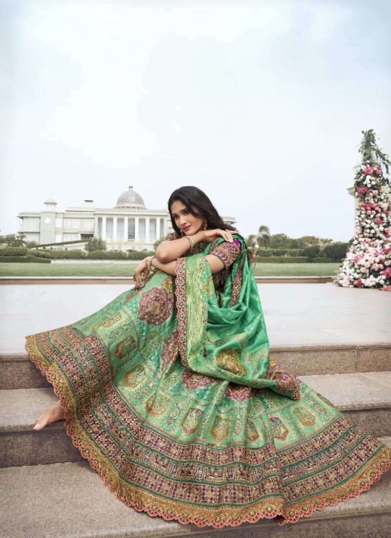 Stunning embroidered banarasi silk lehenga choli in green